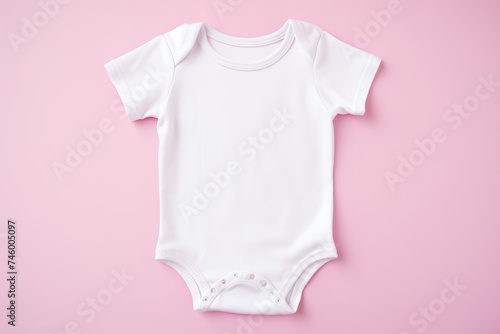 A white baby bodysuit mockup on a pink backdrop, ideal for showcasing design and fashion for infants