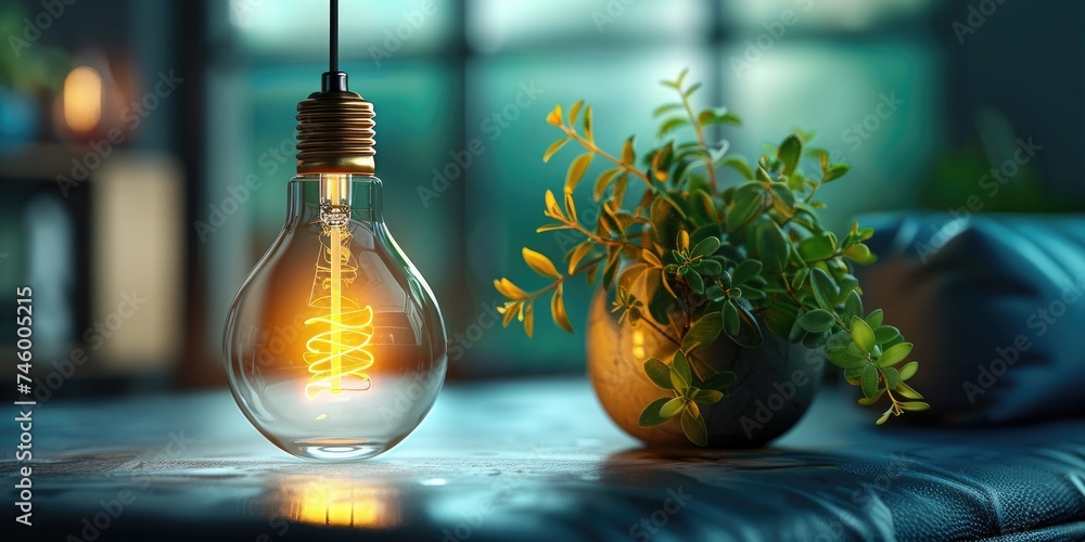 An energy-saving idea exhibiting contemporary LED lighting. Generative Ai. - obrazy, fototapety, plakaty 