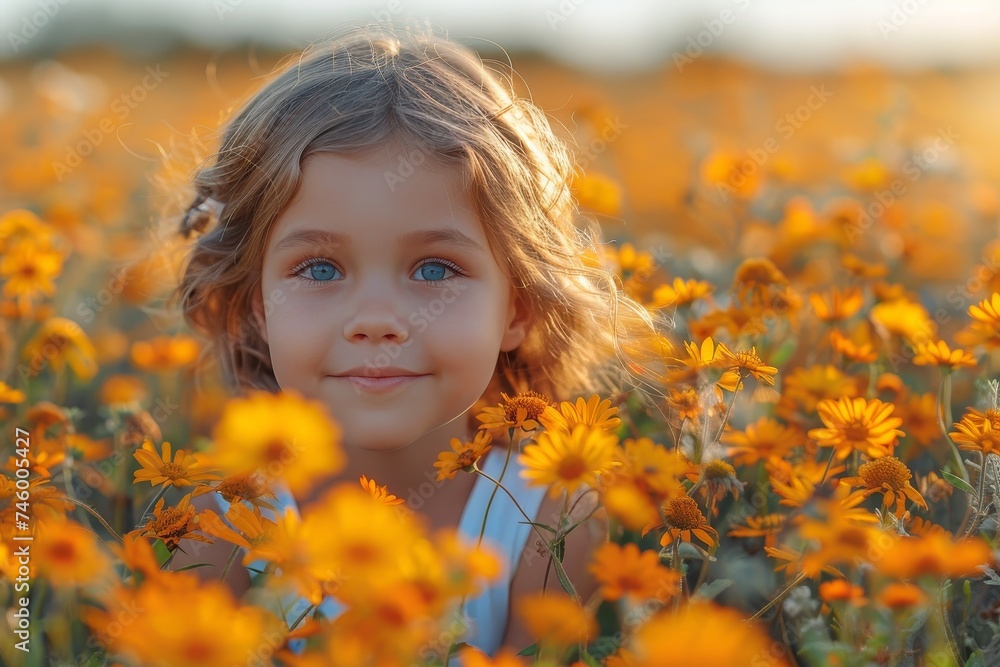 Adorable young girl with blue eyes smiling, surrounded by vibrant yellow wildflowers in a sunlit field