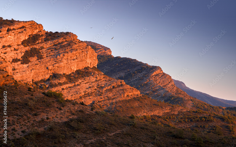 mountain in Pallars Jussa, Catalonia, with vultures flying in the sky during sunset