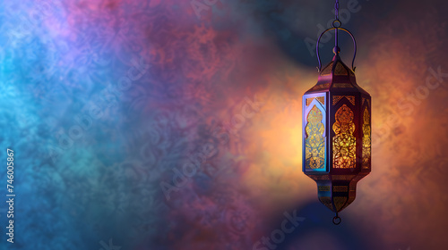 A Glowing Ramadan Lamp Illuminating a Calm and Beautiful Evening. Ramadan Mubarak