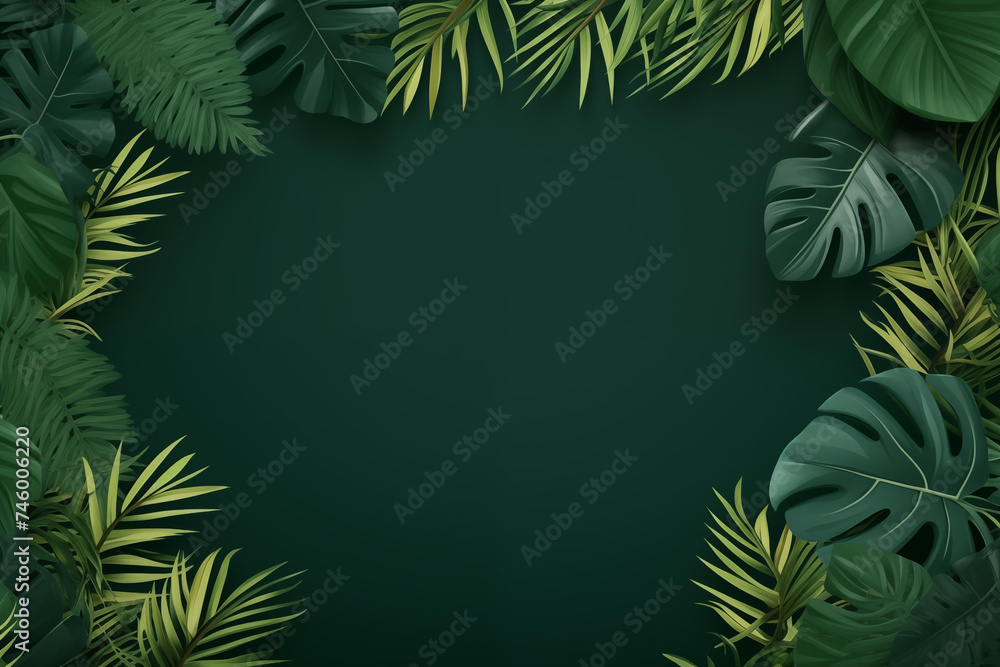 Tropical leaves on green background, copy space.