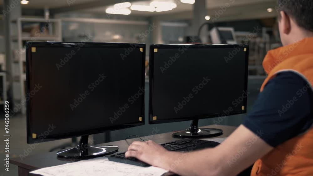 Engineer works on a computer behind monitors Engineer works on a computer behind monitors