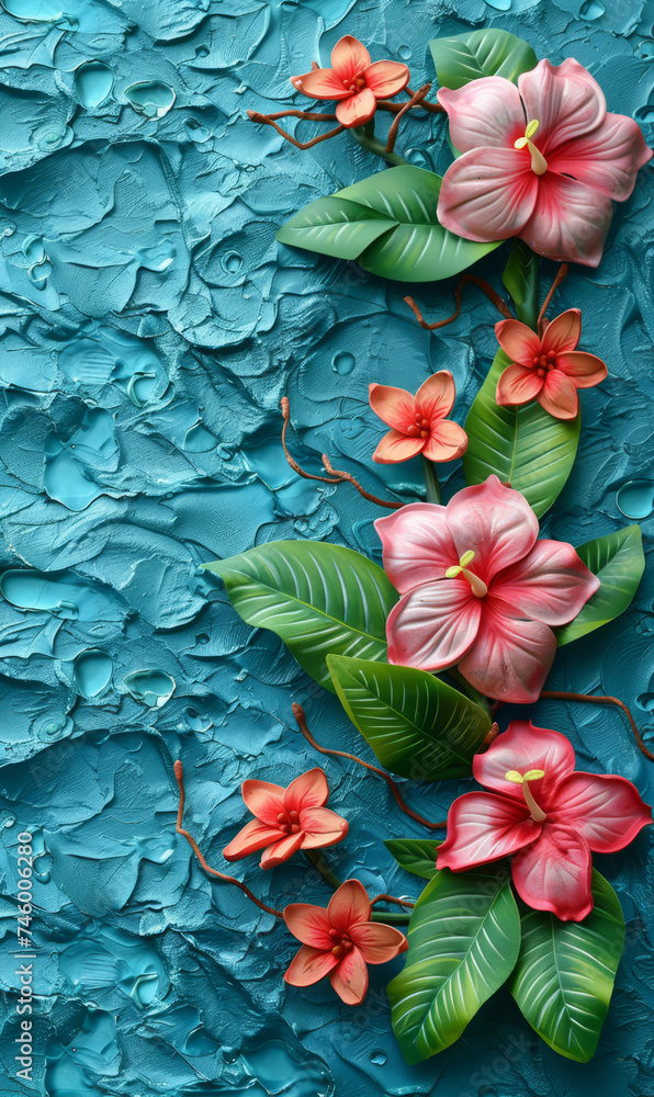 Bright lotus flowers and leaves on a teal background with water droplets.