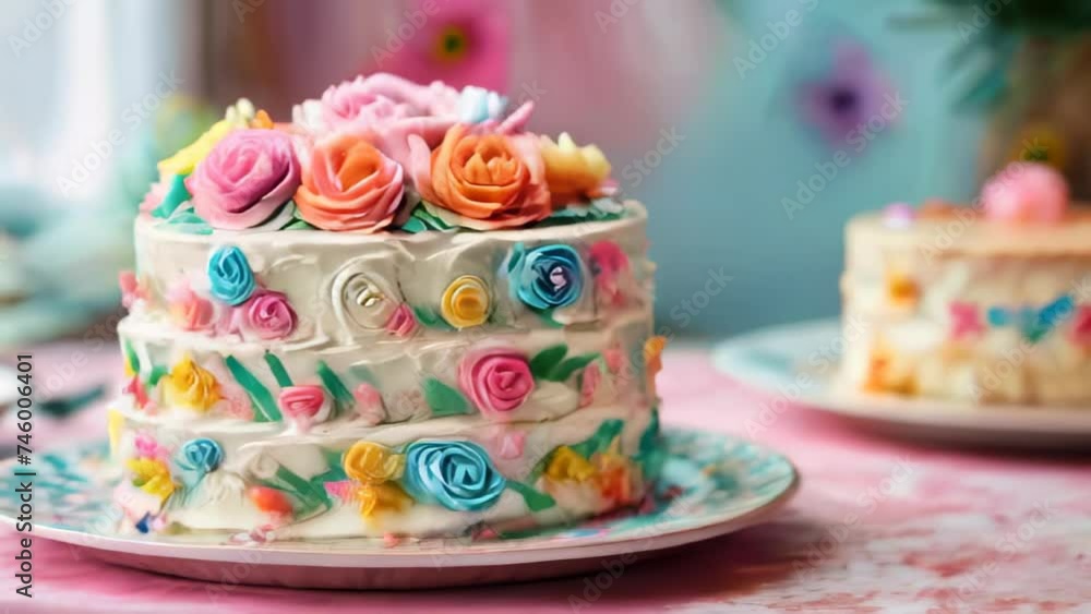 Cream cake with colorful roses Cream cake with colorful roses