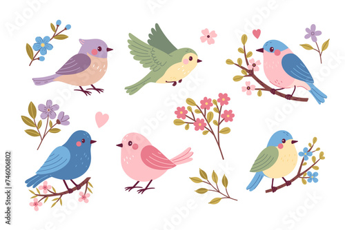 Set of cute spring songbirds and flowers. Vector graphics.