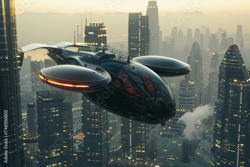 Futuristic flying car soaring over city - A sleek and high-tech flying car glides effortlessly among towering skyscrapers in a dazzling futuristic cityscape