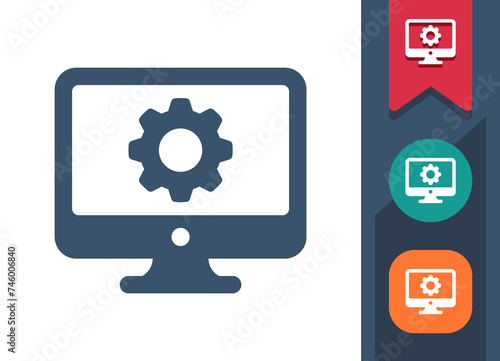 Computer Screen Icon. Monitor, PC, Cog, Gear, Settings, Optimization