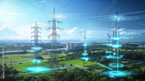 Futuristic smart grid technology over landscape - A conceptual image showcasing smart grid technology towers surrounded by digital networks above a rural landscape