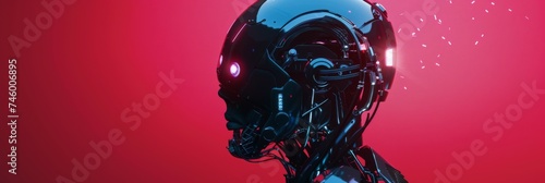 Futuristic robot head with exposed parts - An imaginative depiction of a robot's head revealing intricate internal machinery against a red background, hinting at AI and robotics