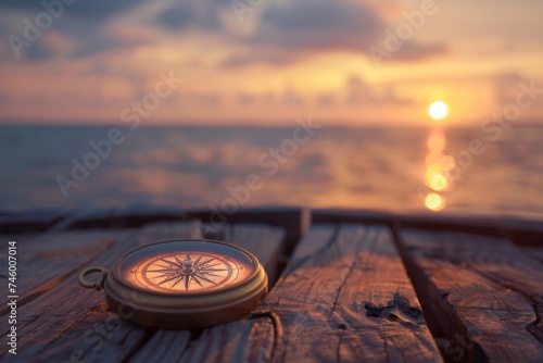 Golden Sunset and Compass on Wooden Dock - A serene image capturing a compass on a weathered wooden dock during a beautiful golden sunset over water photo