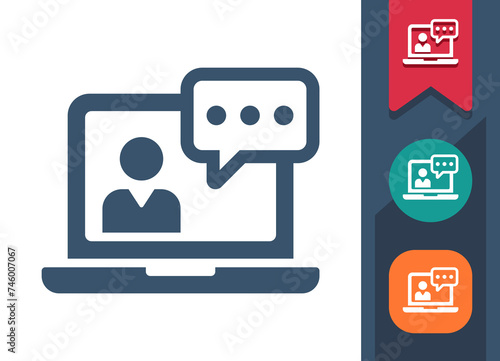 Laptop Icon. Computer, Man, Teacher, Online Course, Video Conference, Chat Bubble, Streaming, Streamer