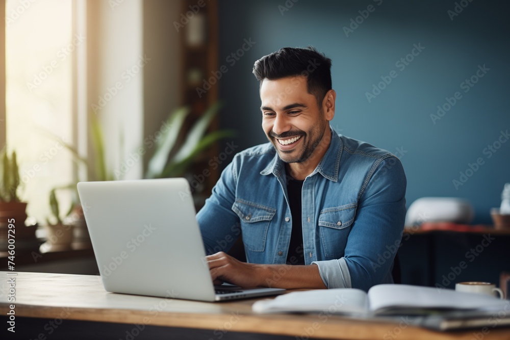Man at home working on a laptop computer smiling Man at home working on a laptop computer smiling