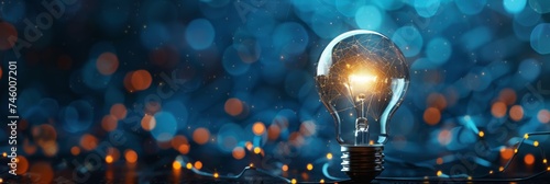 Lightbulb with illuminating sparkles - An illuminated lightbulb against a sparkling blue background symbolizing ideas, innovation, and inspiration photo
