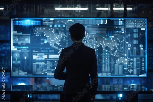 Man analyzing holographic data projection - An adult is standing before a large holographic interface analyzing data, representing high-tech analytics and futuristic computing