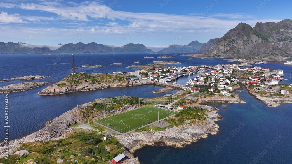 The football stadium in Henningsvaer on the Lofoten Islands, Norway from above