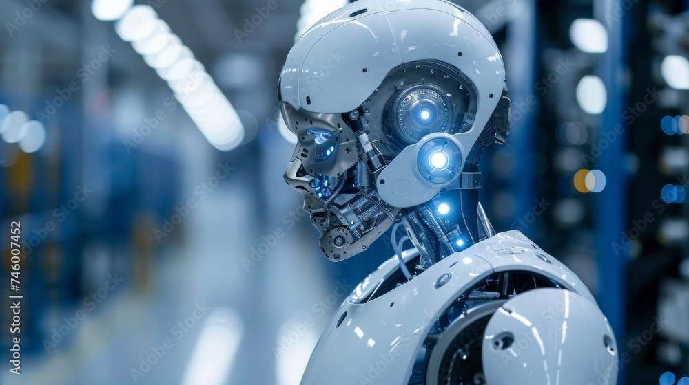 A robot is standing in a warehouse with blue lights, AI A robot is standing in a warehouse with blue lights, AI