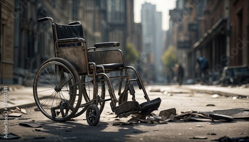 Amidst the hustle and bustle of the city streets, a broken wheelchair symbolizes the obstacles facing individuals with limited mobility photo