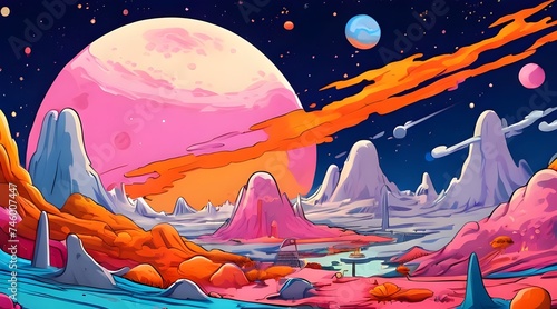 vibrant surface of a mysterious planet with space background and cosmic nebula. cartoon illustration