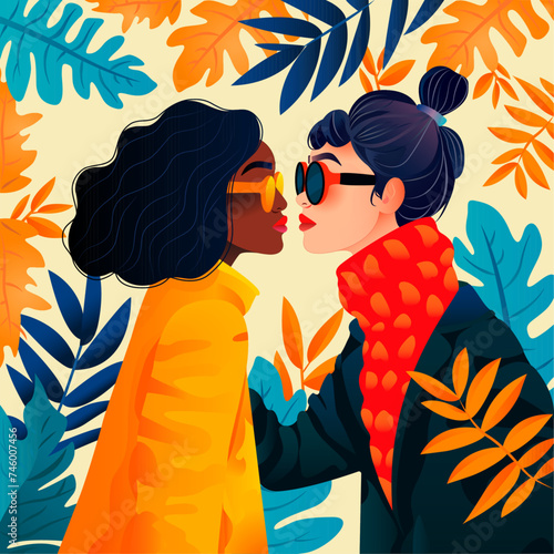 A lesbian couple in love. African-American and European women. Women of different races 