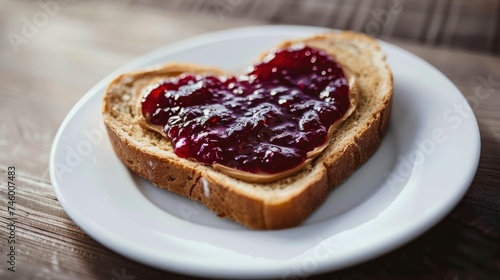 Heartwarming Breakfast, Toasted Heart-Shaped Bread Topped with a Dollop of Peanut Butter and Dark Red Jam, Presented on a White Plate Against a Wooden Table