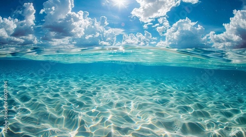 A view of the ocean with a beautiful blue sky and clouds, AI