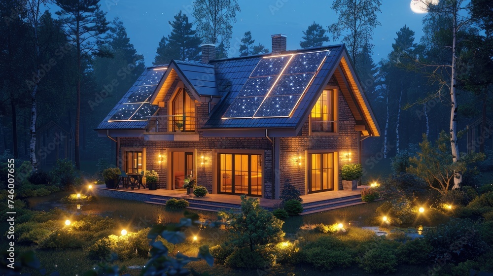 An environmentally conscious house lit by LED lighting that use less energy. Generative Ai. - obrazy, fototapety, plakaty 