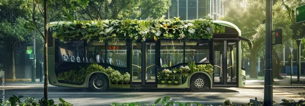 Green Transit, City Bus Adorned with Lush Greenery, Pioneering Eco-Friendly Urban Mobility