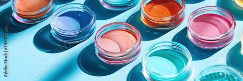 Exploring Beauty Science, Gel Cosmetic Samples Presented in Petri Dish Against Blue Background, Casting Striking Hard Shadows photo