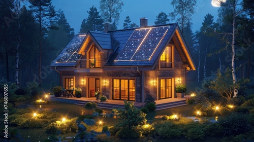 An environmentally conscious house lit by LED lighting that use less energy. Generative Ai.
