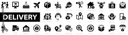 Delivery service flat icon set. Shipping icons. Tracking, delivery home, warehouse, truck, scooter, bike, drone and more. Shipping symbol. Vector illustration.