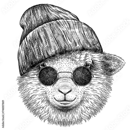Vintage engraving isolated lamb glasses dressed fashion set illustration ram ink sketch. Farm animal sheep background mutton silhouette sunglasses hipster hat art. Black and white hand drawn image	