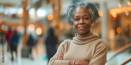 A mature African American woman, exuding confidence and grace, strikes a dynamic pose against the blurred backdrop of a modern, motion-blurred shopping mall filled with bustling shoppers.