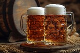 Artisan beer mugs with frothy heads, quality wooden backdrop, and a warmly illuminated barrel