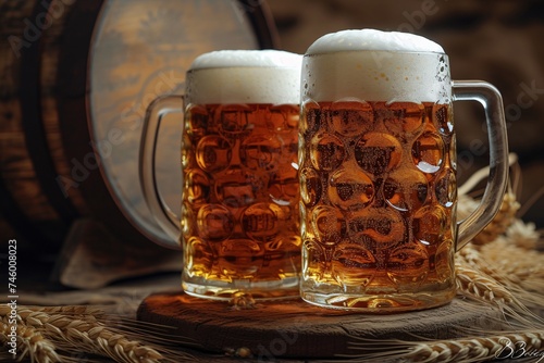 Artisan beer mugs with frothy heads  quality wooden backdrop  and a warmly illuminated barrel