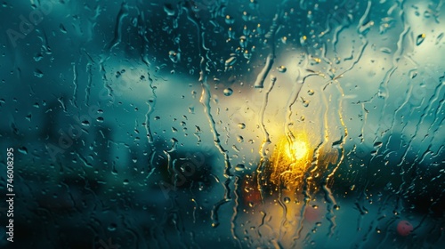 A view of a rain soaked window with the sun shining through, AI photo