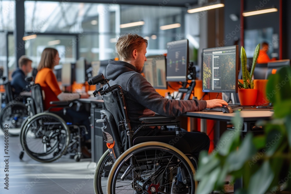 A young, focused man in a wheelchair engaged in work at his computer station in a modern office A young, focused man in a wheelchair engaged in work at his computer station in a modern office
