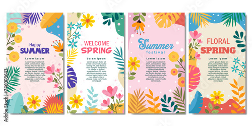 vertical wallpapers collection with spring leaves and flowers background for banner social media story cover. vector illustration