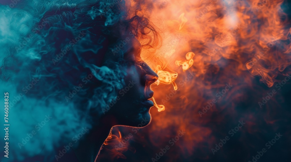 A woman with smoke coming out of her hair, AI A woman with smoke coming out of her hair, AI
