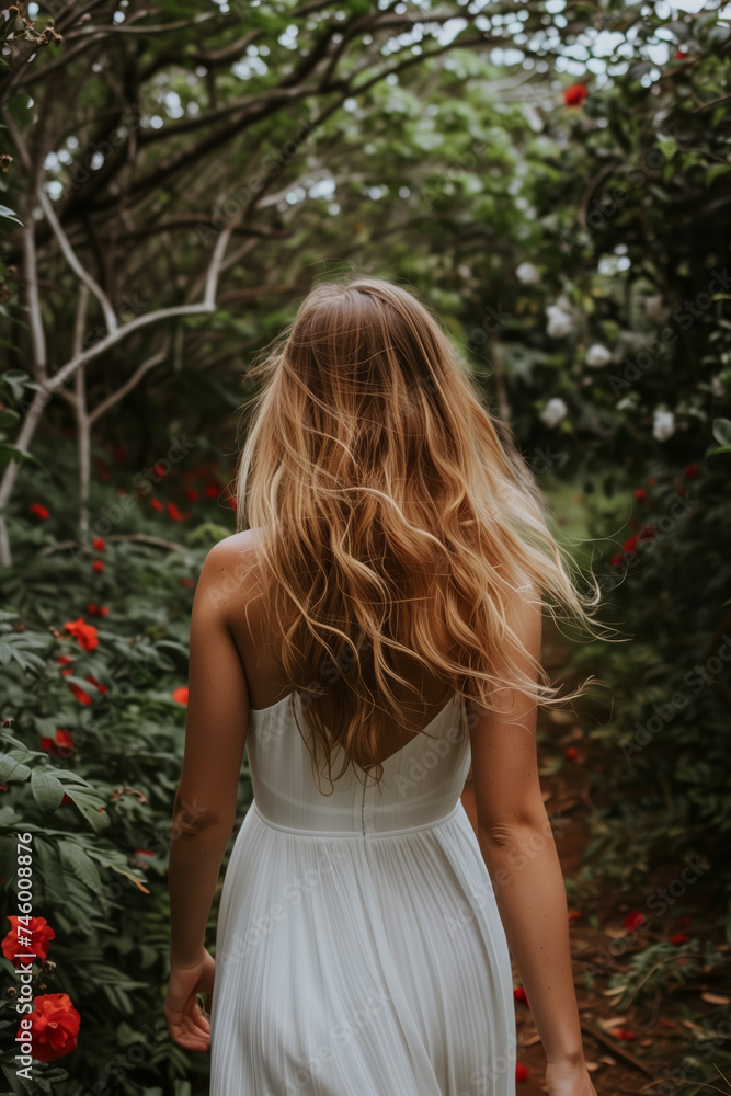 Woman in a white dress, golden hair from behind, walking amidst a lush garden illuminated by the soft light filtering through the green foliage. Woman in a white dress, golden hair from behind, walking amidst a lush garden illuminated by the soft light filtering through the green foliage.