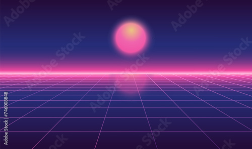 Abstract futuristic horizontal landscape with sun in vintage 1980s style. Vector illustration background . 80s Retro Sci-Fi smooth backdrop.