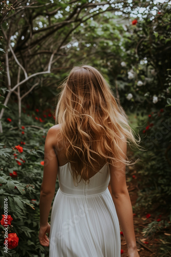 Woman in a white dress  golden hair from behind  walking amidst a lush garden illuminated by the soft light filtering through the green foliage.