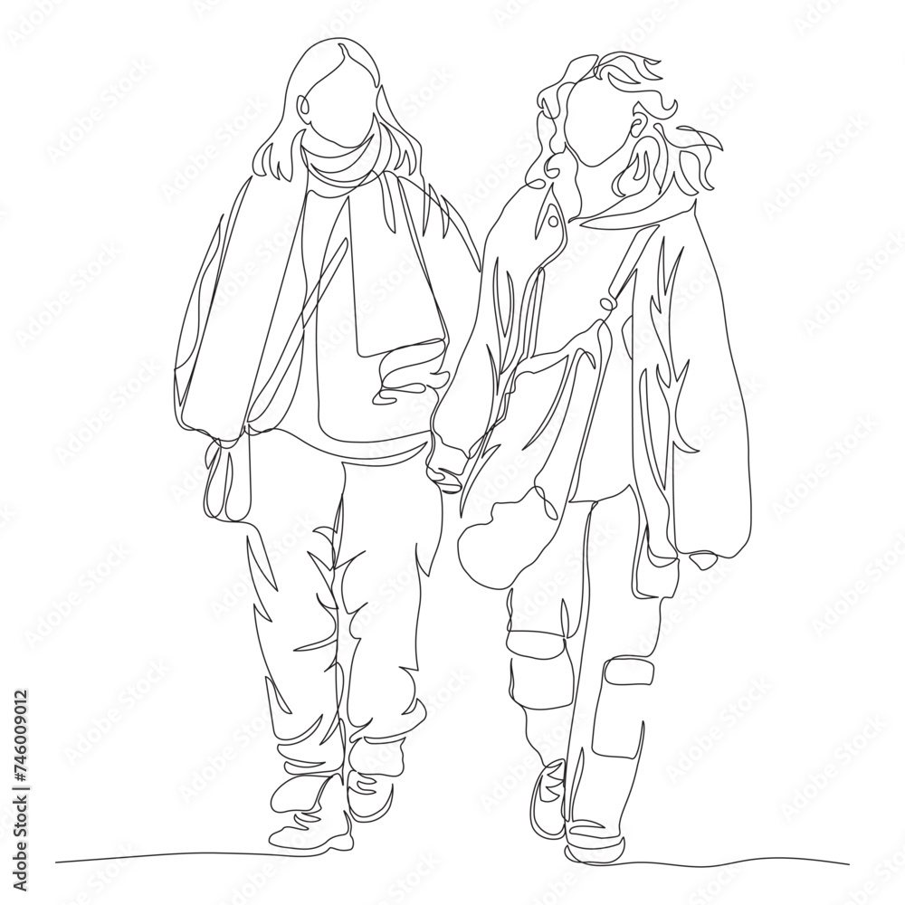 2 young women walking and talking. Wear warm free size clothes. Continuous line drawing. Hand drawn black and white vector illustration in line art style.