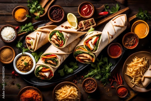 grilled chicken with vegetables and herbs, Prepare to tantalize your taste buds with a fresh grilled chicken wrap roll, bursting with flavor and ready to be devoured photo