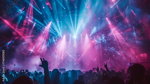 A concert with a crowd of people and bright lights, AI photo