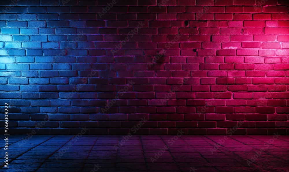 Brick wall in a dark room with neon lighting. Modern background.