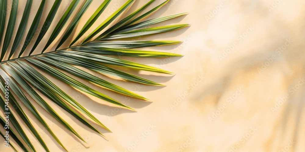 Fototapeta premium Palm branch on the sand on a sunny day. Background with copy space.