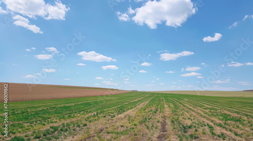 corn field in spring with blue sky