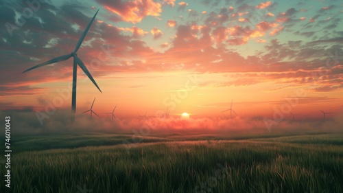 Wind farm in misty field at sunrise - Evocative image of a wind farm standing tall amidst a mist-covered field against the backdrop of a sunrise