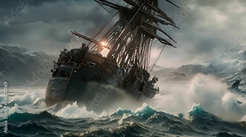 old wooden ship in the ocean storm